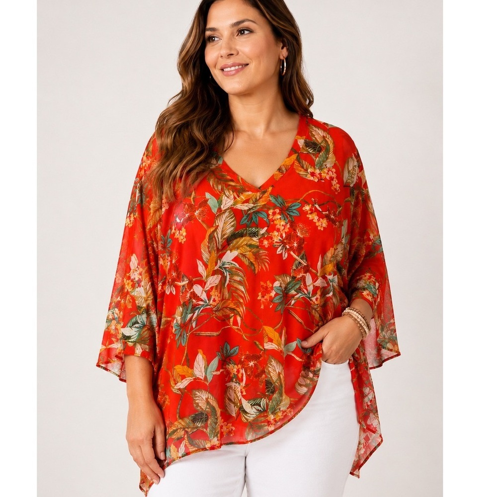 Rose + Olive 2X/3X Tropical Floral Mesh Overlay Tunic Top Orange Sharkbite Hem